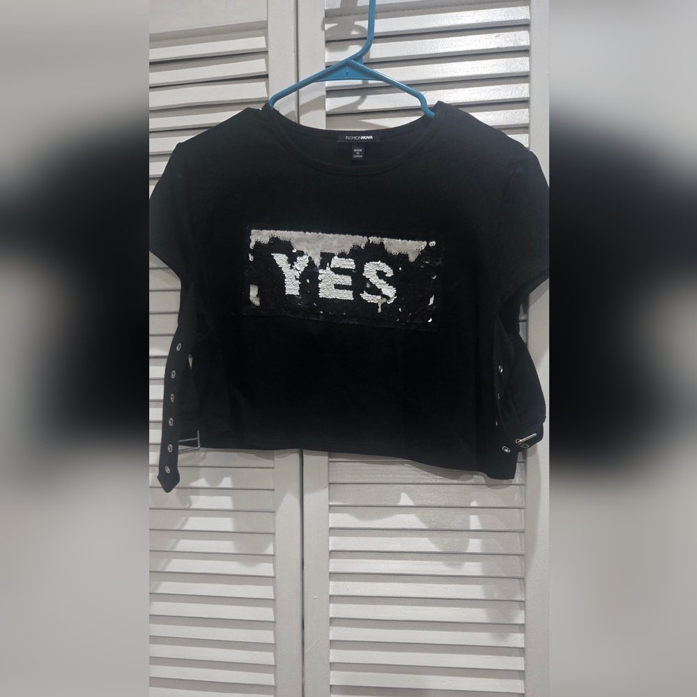 Fashion Nova Black Sequin 'YES' "No" Top Size L